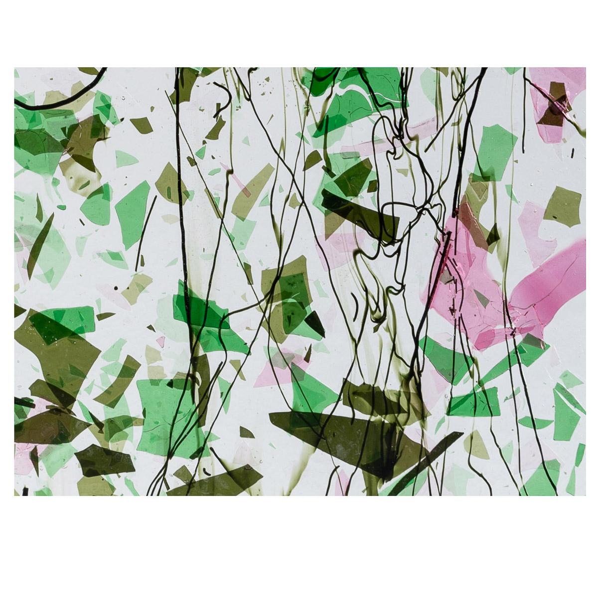Green & Pink Fracture w/Line Cast Green Streamers on Clear Clear Base Collage, Single-rolled, 3 mm, Fusible