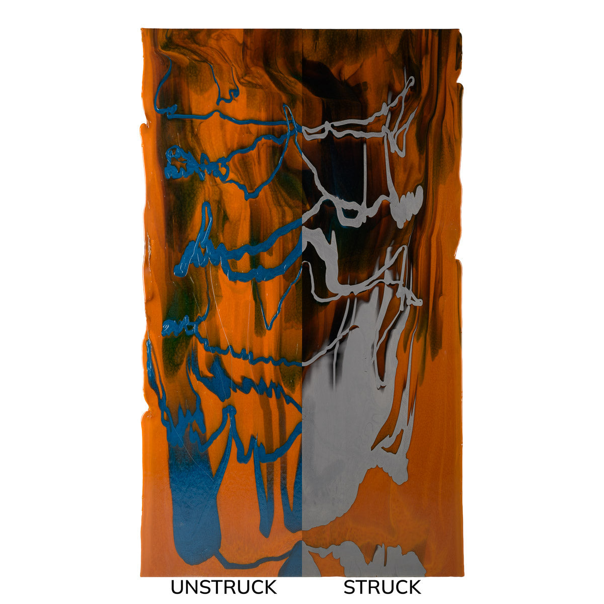 Burnt Orange Opalescent with Steel Blue Opalescent Drizzle, 2-Color Mix, Double-rolled, 3 mm, Fusible