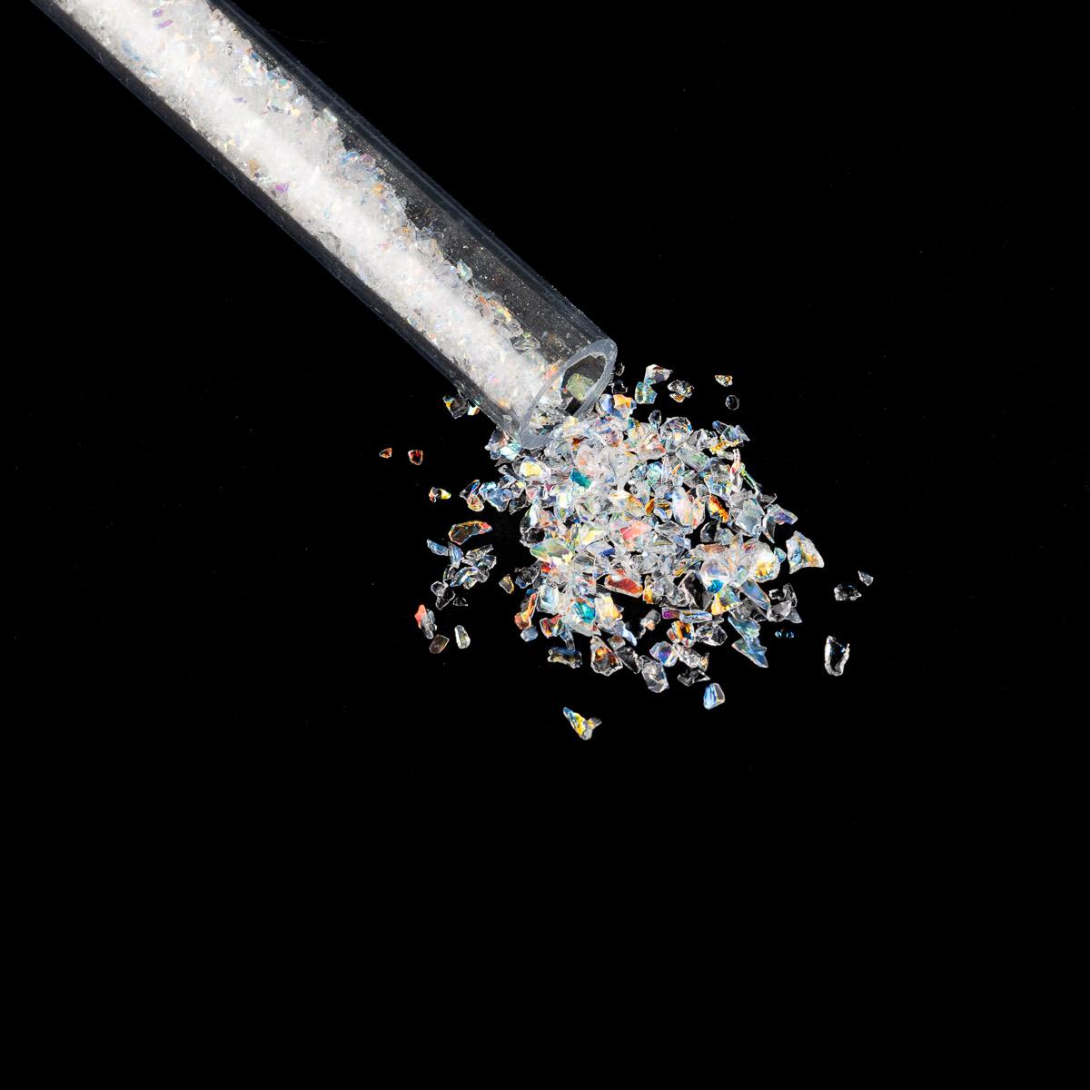 Dichroic on Clear Transparent, Rainbow, Medium Frit, Flake, Fusible, 1 oz. tube