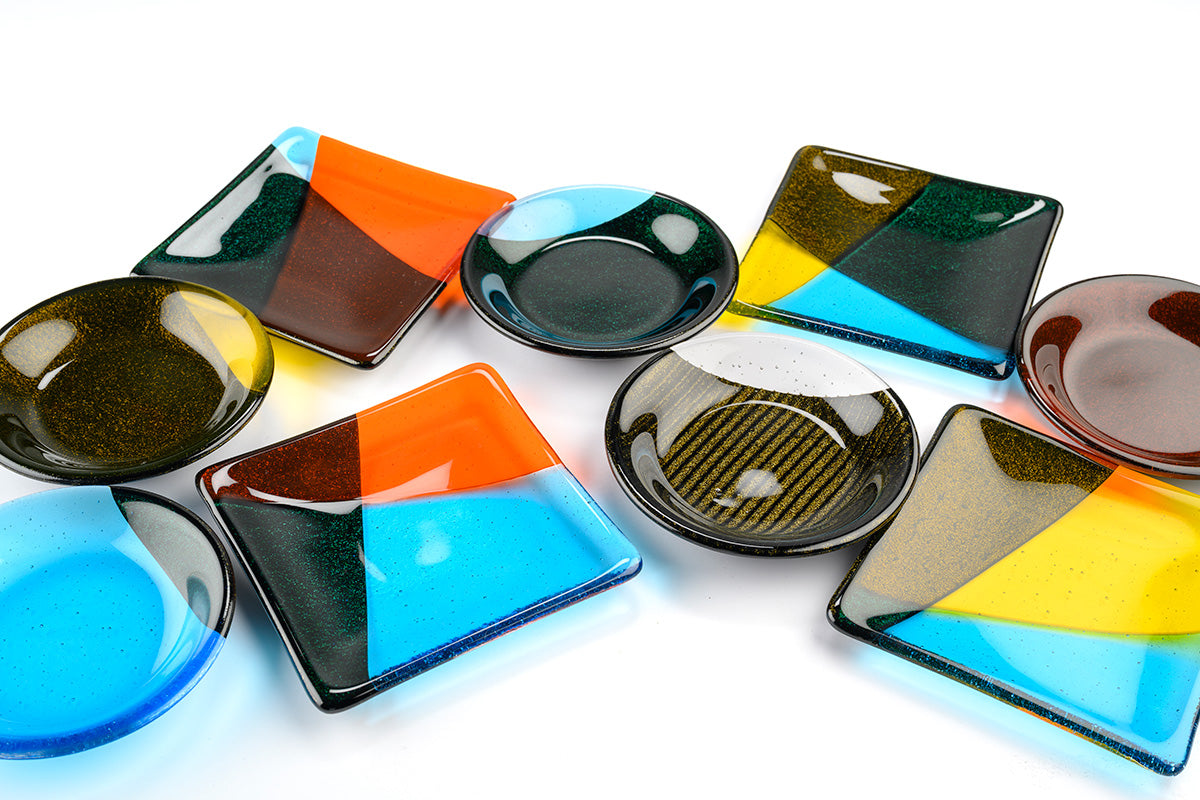 An array of modern art inspired colorblock plates.