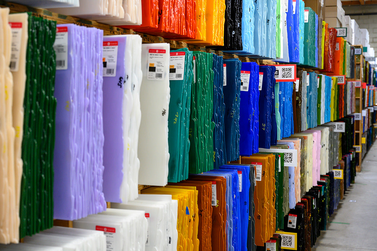Rows of colorful sheet glass