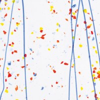Yellow, Blue, and Red Frit, Blue Streamers Clear Base Collage, Non-Fusible, Single-rolled, 3 mm, Color Sample, 2x2 in.